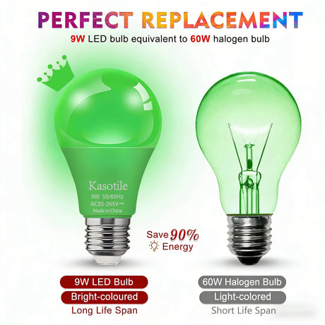 E26 Green LED Light Bulb 9W, Colored Party & Garden Light, 2 Pack - Hans Lumiere