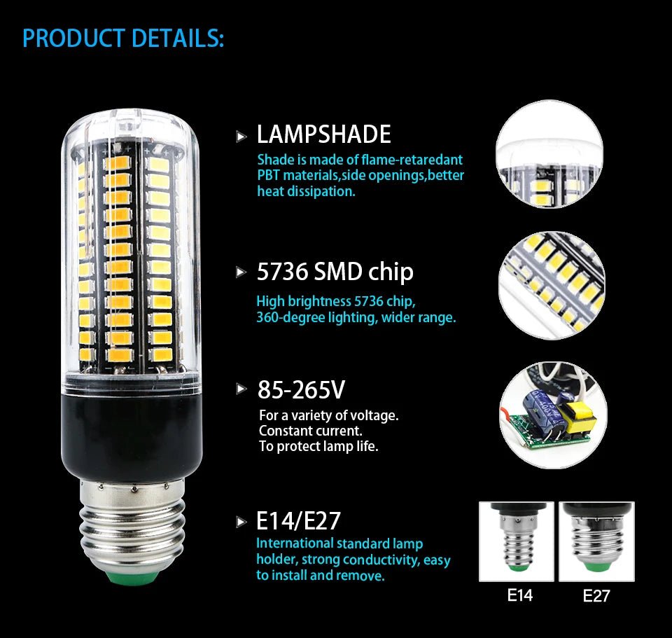 E27 E14 LED Corn Bulb 3.5W to 15W SMD5736, Warm or Cold White, Flicker-Free - Hans Lumiere