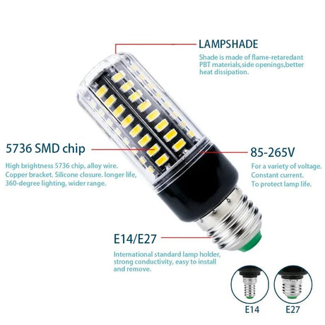 E27 E14 LED Corn Bulb 3.5W to 15W SMD5736, Warm or Cold White, Flicker-Free - Hans Lumiere