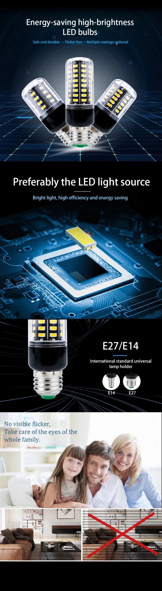 E27 E14 LED Corn Bulb 3.5W to 15W SMD5736, Warm or Cold White, Flicker-Free - Hans Lumiere