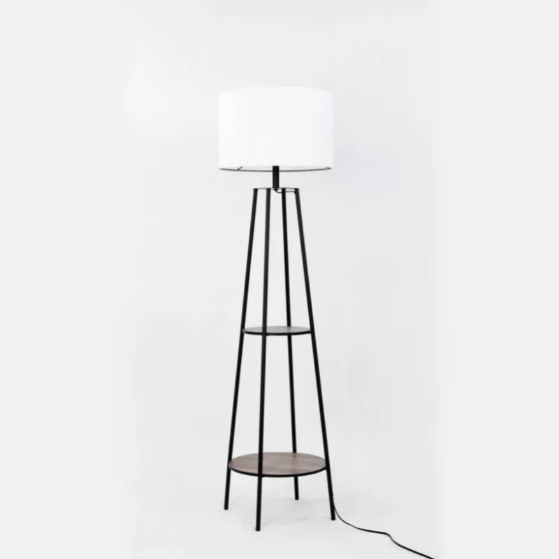 Etagere 62" Matte Black Mid - Century Style Floor Lamp, With 2 Wood Shelves - Hans Lumiere