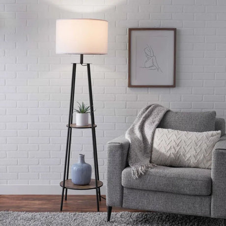 Etagere 62" Matte Black Mid - Century Style Floor Lamp, With 2 Wood Shelves - Hans Lumiere