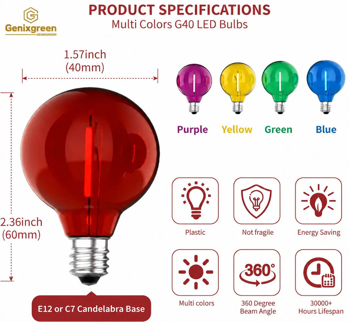 G40 Colored LED Globe Bulbs E12 1W Shatterproof, Red Blue Green Yellow Purple RGB, 25 or 50 Pack - Hans Lumiere