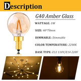 G40 Gold Tint Globe Edison LED Filament Bulbs E14 1W 2200K Dimmable, 220V or 12-24V, 6-25 Pack - Hans Lumiere