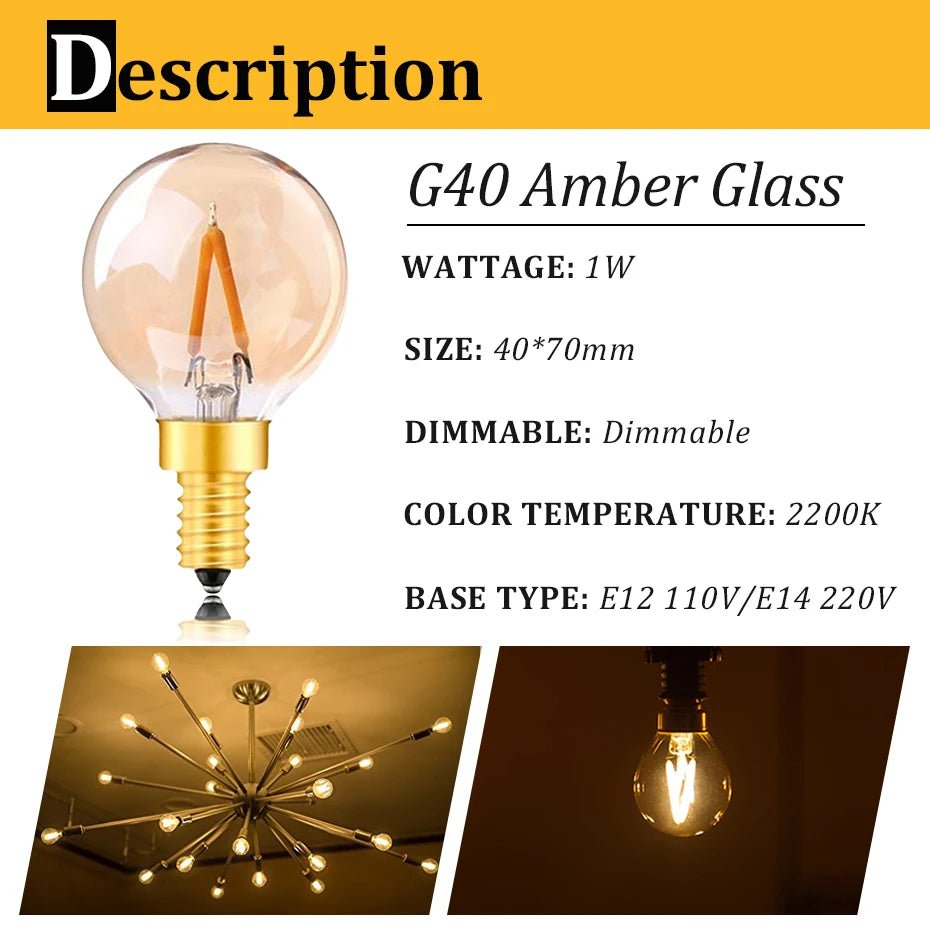 G40 Gold Tint Globe Edison LED Filament Bulbs E14 1W 2200K Dimmable, 220V or 12-24V, 6-25 Pack - Hans Lumiere