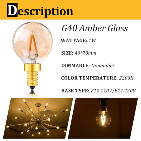 G40 Gold Tint Globe Edison LED Filament Bulbs E14 1W 2200K Dimmable, 220V or 12-24V, 6-25 Pack - Hans Lumiere