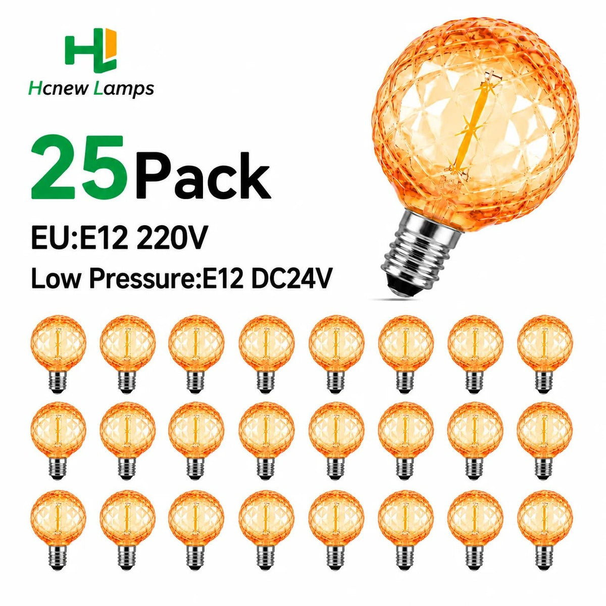 G40 Shatterproof Amber Diamond LED Bulbs E12 1W 2200K, 220V or DC 24V, String Light Replacement - Hans Lumiere