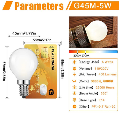 G45 Frosted Globe Edison LED Filament Bulbs E14 5W, Warm 3000K or Cool 6000K, 6 Pack - Hans Lumiere