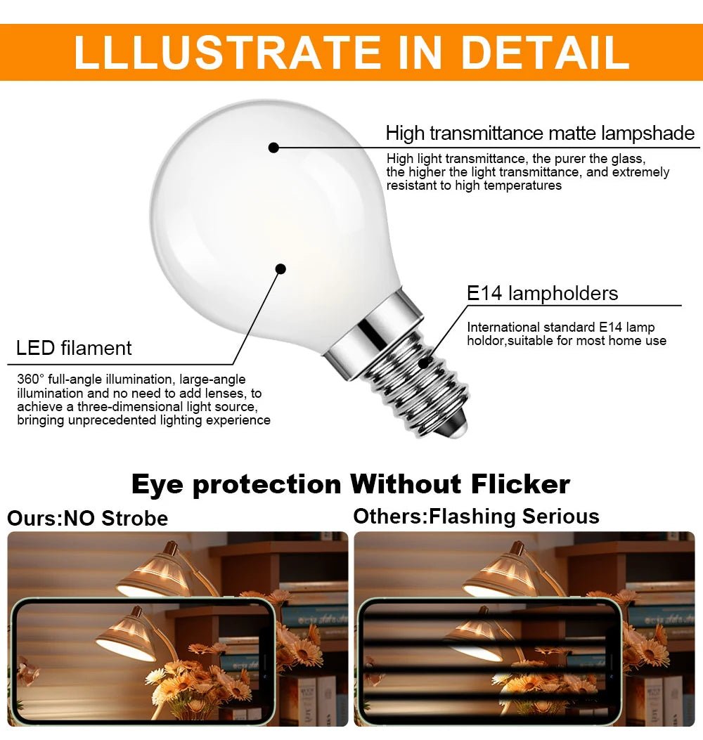 G45 Frosted Globe Edison LED Filament Bulbs E14 5W, Warm 3000K or Cool 6000K, 6 Pack - Hans Lumiere