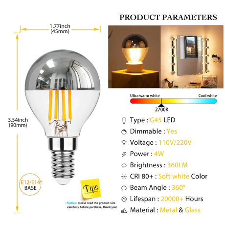 G45 Silver Crown Mirror Top LED Bulbs 4W Dimmable 2700K, E12 E14, 2-15 Pack - Hans Lumiere