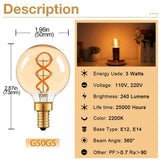 G50 Spiral Filament Edison LED Globe Bulbs 3W 2200K Dimmable, E12 E14 E26 E27, 2 or 6 Pack - Hans Lumiere