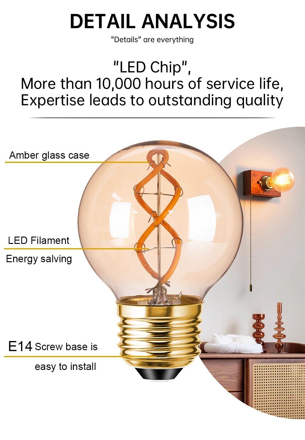 G50 Spiral Filament Edison LED Globe Bulbs 3W 2200K Dimmable, E12 E14 E26 E27, 2 or 6 Pack - Hans Lumiere