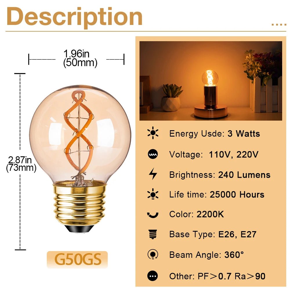 G50 Spiral Filament Edison LED Globe Bulbs 3W 2200K Dimmable, E12 E14 E26 E27, 2 or 6 Pack - Hans Lumiere