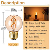 G50 Spiral Filament Edison LED Globe Bulbs 3W 2200K Dimmable, E12 E14 E26 E27, 2 or 6 Pack - Hans Lumiere