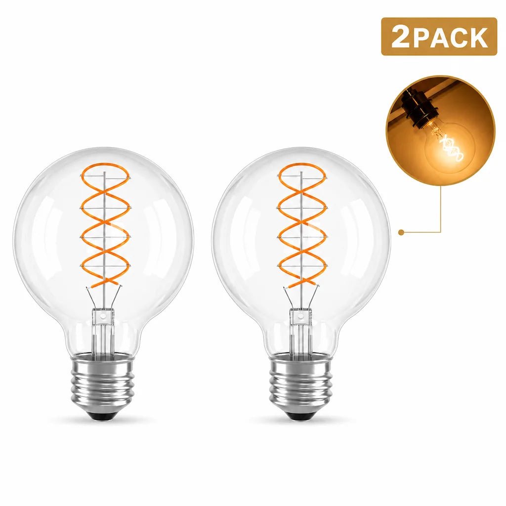 G80 Spiral Filament Edison LED Globe Bulb E27 4W 2700K, Amber or Clear Glass, 2 or 6 Pack - Hans Lumiere