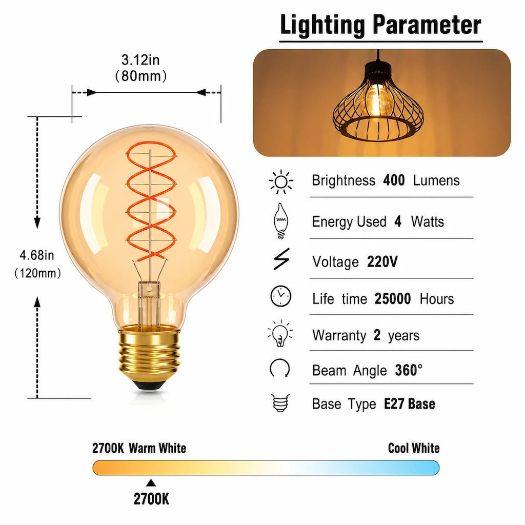 G80 Spiral Filament Edison LED Globe Bulb E27 4W 2700K, Amber or Clear Glass, 2 or 6 Pack - Hans Lumiere