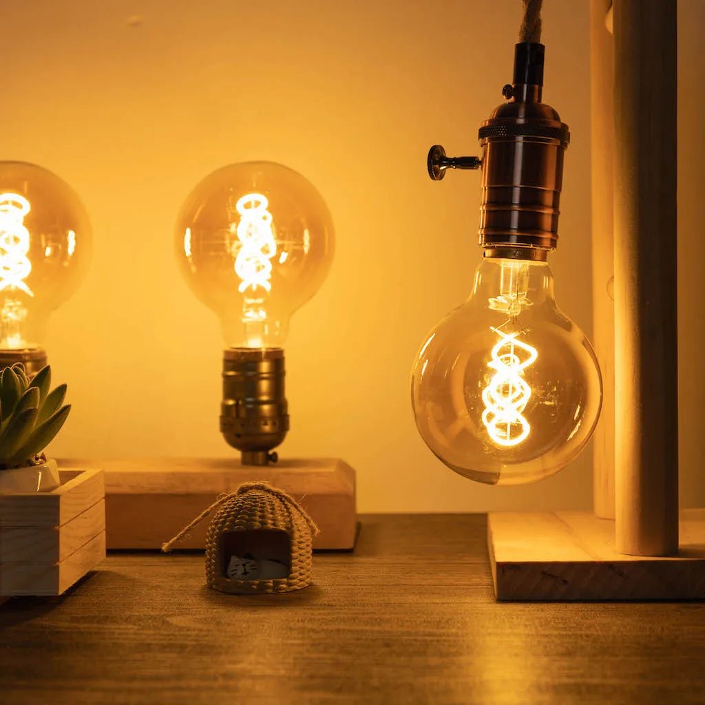 G80 Spiral Filament Edison LED Globe Bulb E27 4W 2700K, Amber or Clear Glass, 2 or 6 Pack - Hans Lumiere
