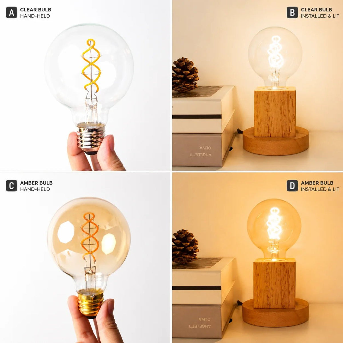 G80 Spiral Filament Edison LED Globe Bulb E27 4W 2700K, Amber or Clear Glass, 2 or 6 Pack - Hans Lumiere