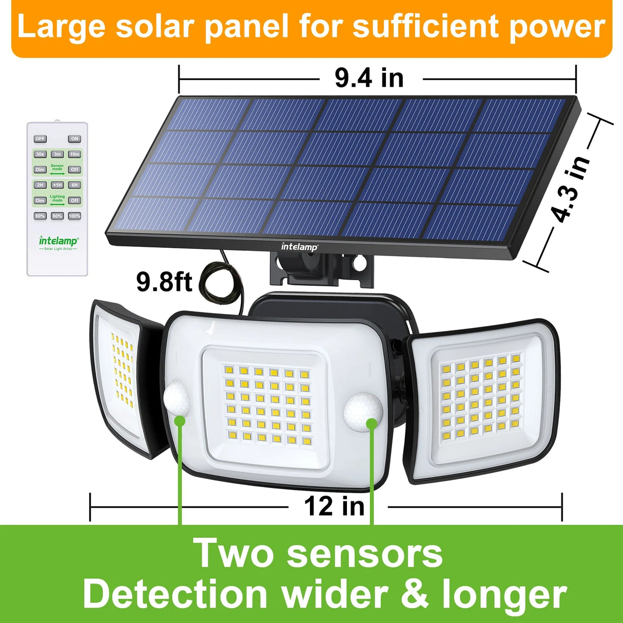 Intelamp Solar Security Flood Light – 3-Head Dual Motion Sensor, 270° - Hans Lumiere
