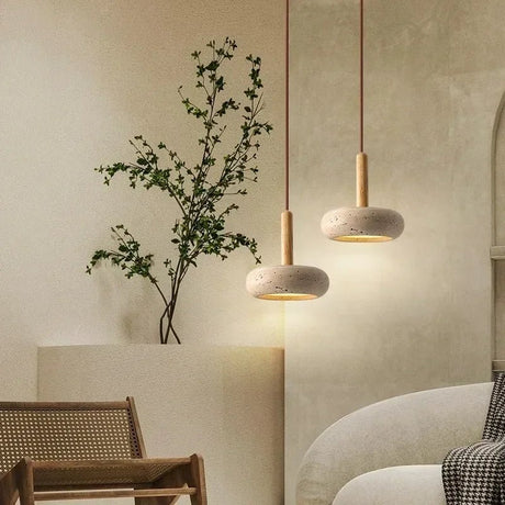 Japanese Style Stone Wood LED Pendant Lamp - Hans Lumiere
