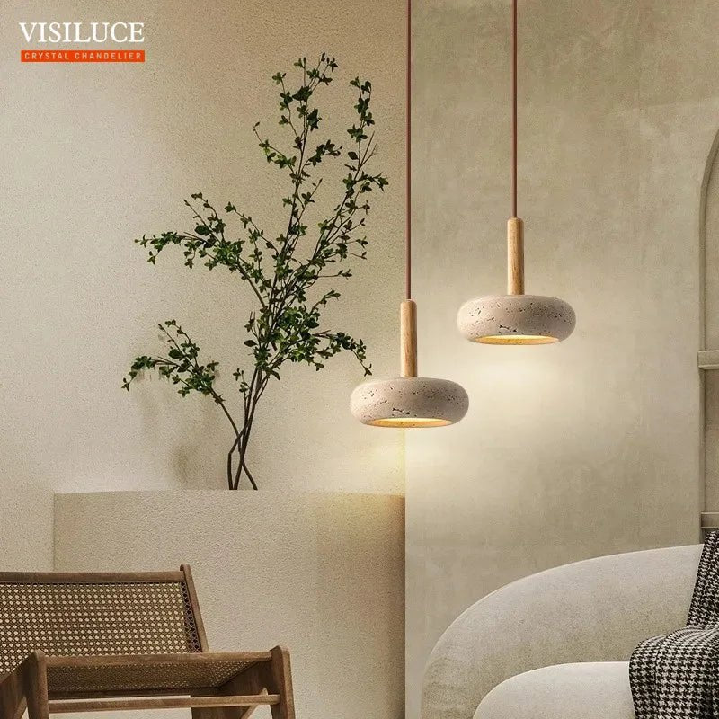 Japanese Style Stone Wood LED Pendant Lamp - Hans Lumiere