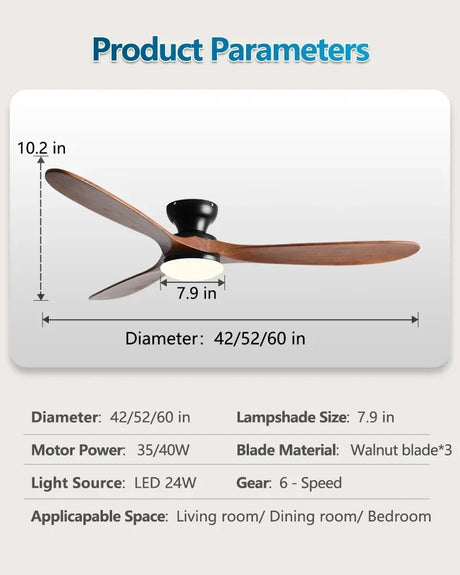 Low-Profile Wood Blade Ceiling Fan with LED Light &amp; Remote - Hans Lumiere