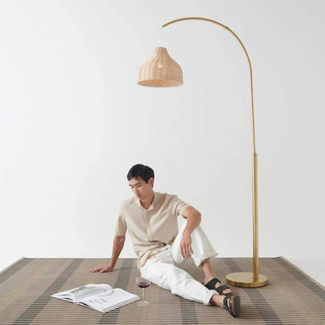Mid - Century Antique Beige Bamboo Empire Shade LED Floor Lamp - Hans Lumiere