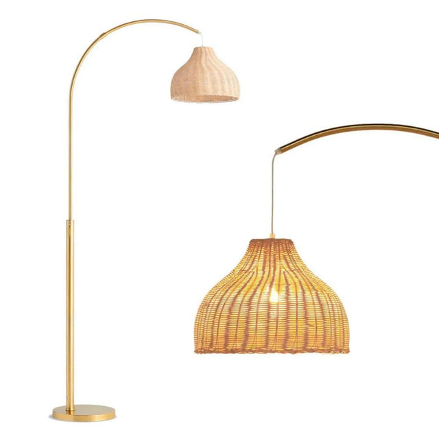 Mid - Century Antique Beige Bamboo Empire Shade LED Floor Lamp - Hans Lumiere