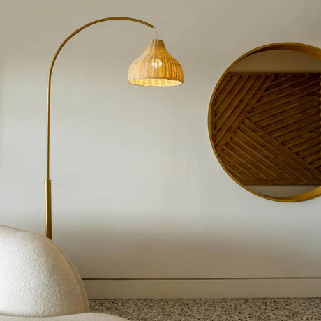Mid - Century Antique Beige Bamboo Empire Shade LED Floor Lamp - Hans Lumiere