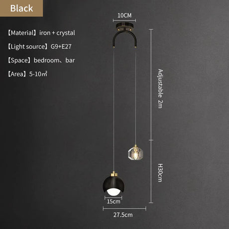 Modern Crystal Bedside Chandelier Gold Black Pendant Light - Hans Lumiere