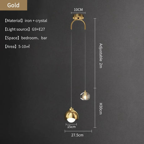 Modern Crystal Bedside Chandelier Gold Black Pendant Light - Hans Lumiere