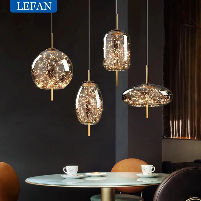 Modern Luxury Nordic Glass LED Pendant Light – Gold & Grey Chandelier for Dining Room - Hans Lumiere