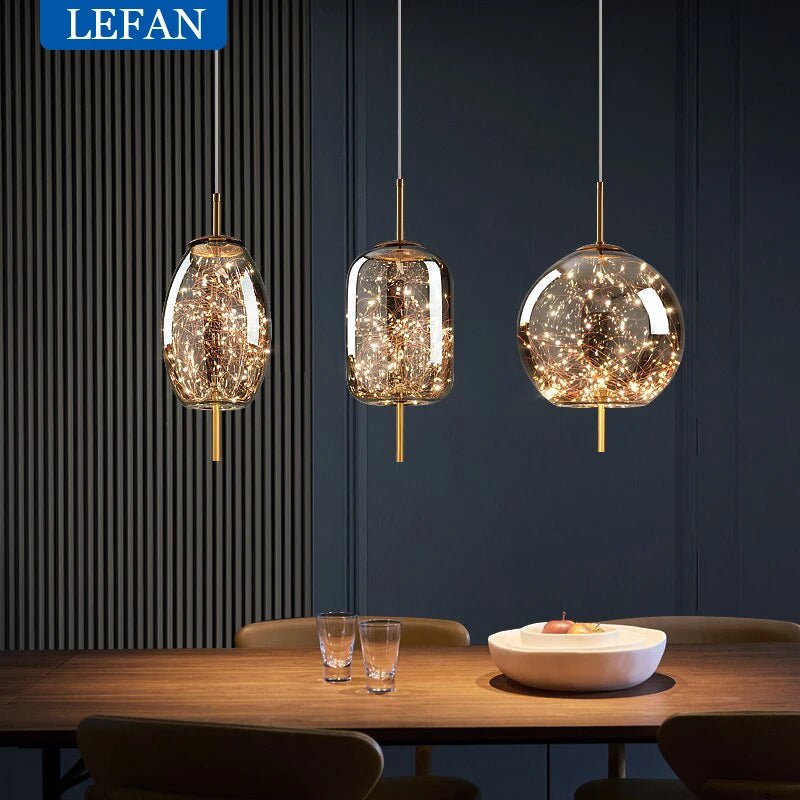 Modern Luxury Nordic Glass LED Pendant Light – Gold & Grey Chandelier for Dining Room - Hans Lumiere