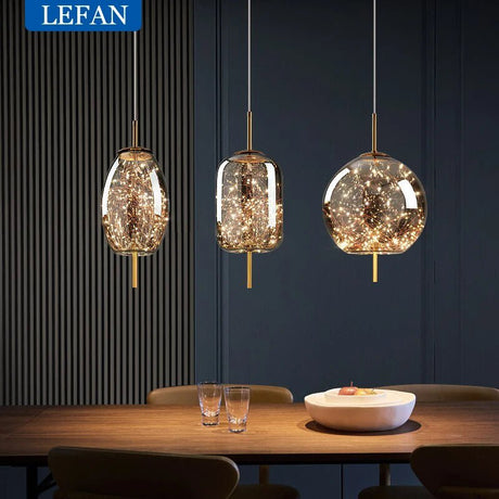 Modern Luxury Nordic Glass LED Pendant Light – Gold & Grey Chandelier for Dining Room - Hans Lumiere