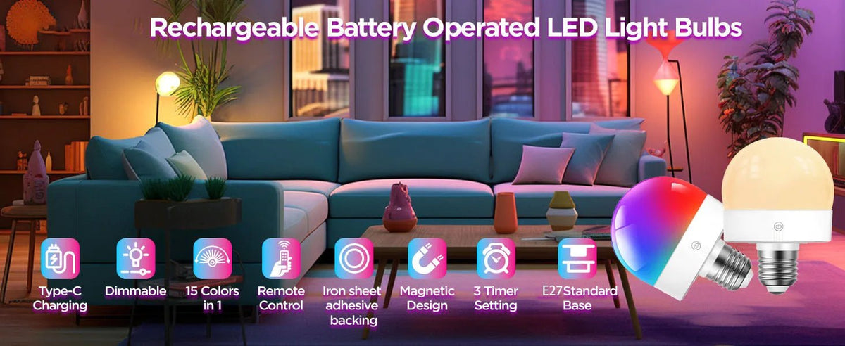 Rechargeable LED Light Bulb E27 with Remote, 2200mAh, 3 Color Temperatures, Dimmable & Timer - Hans Lumiere