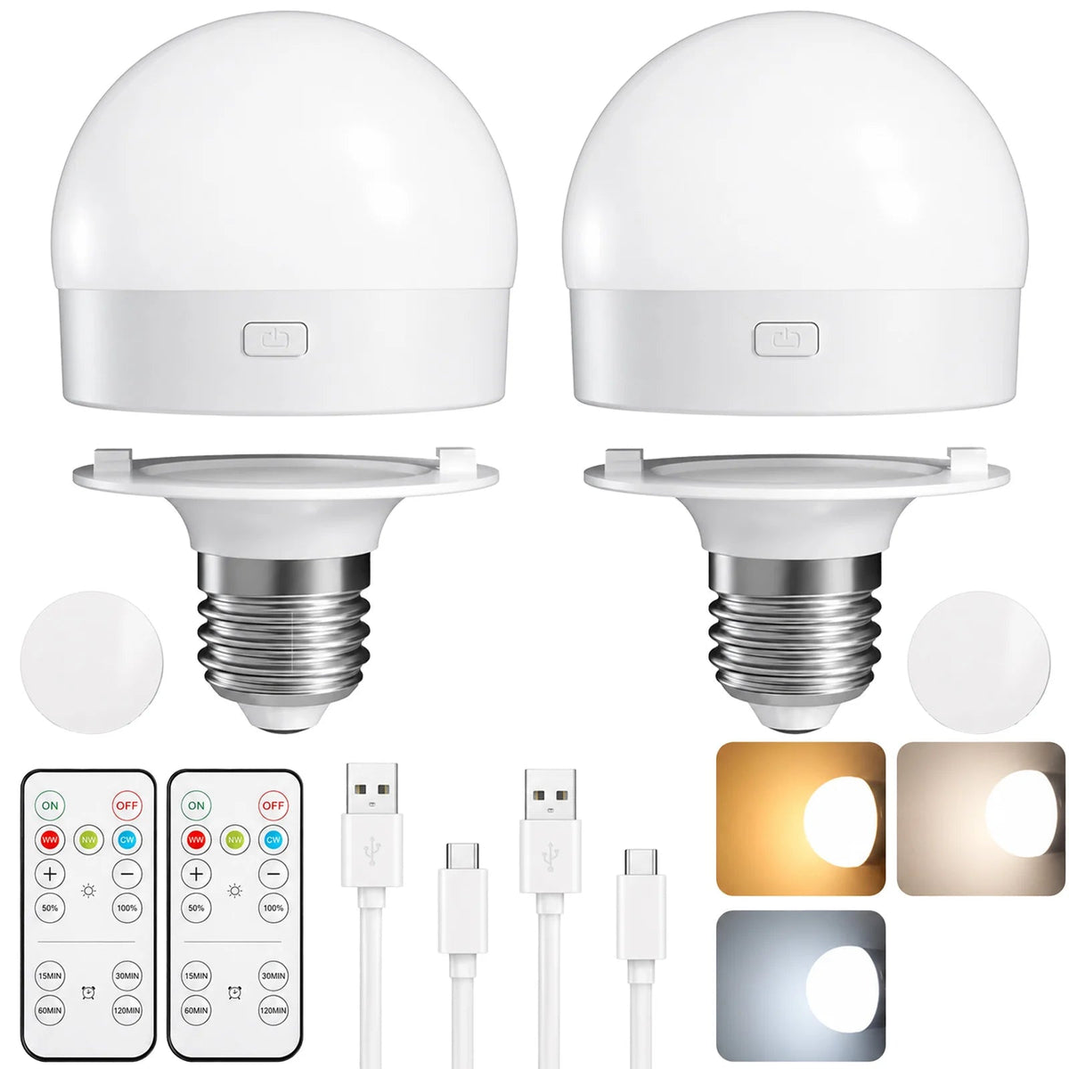 Rechargeable LED Light Bulbs with Remote, Dimmable, 3 Color Temperatures, E12 E26 - Hans Lumiere