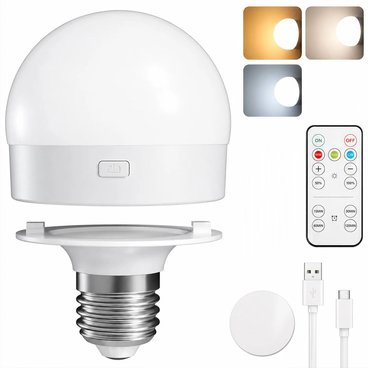 Rechargeable LED Light Bulbs with Remote, Dimmable, 3 Color Temperatures, E12 E26 - Hans Lumiere