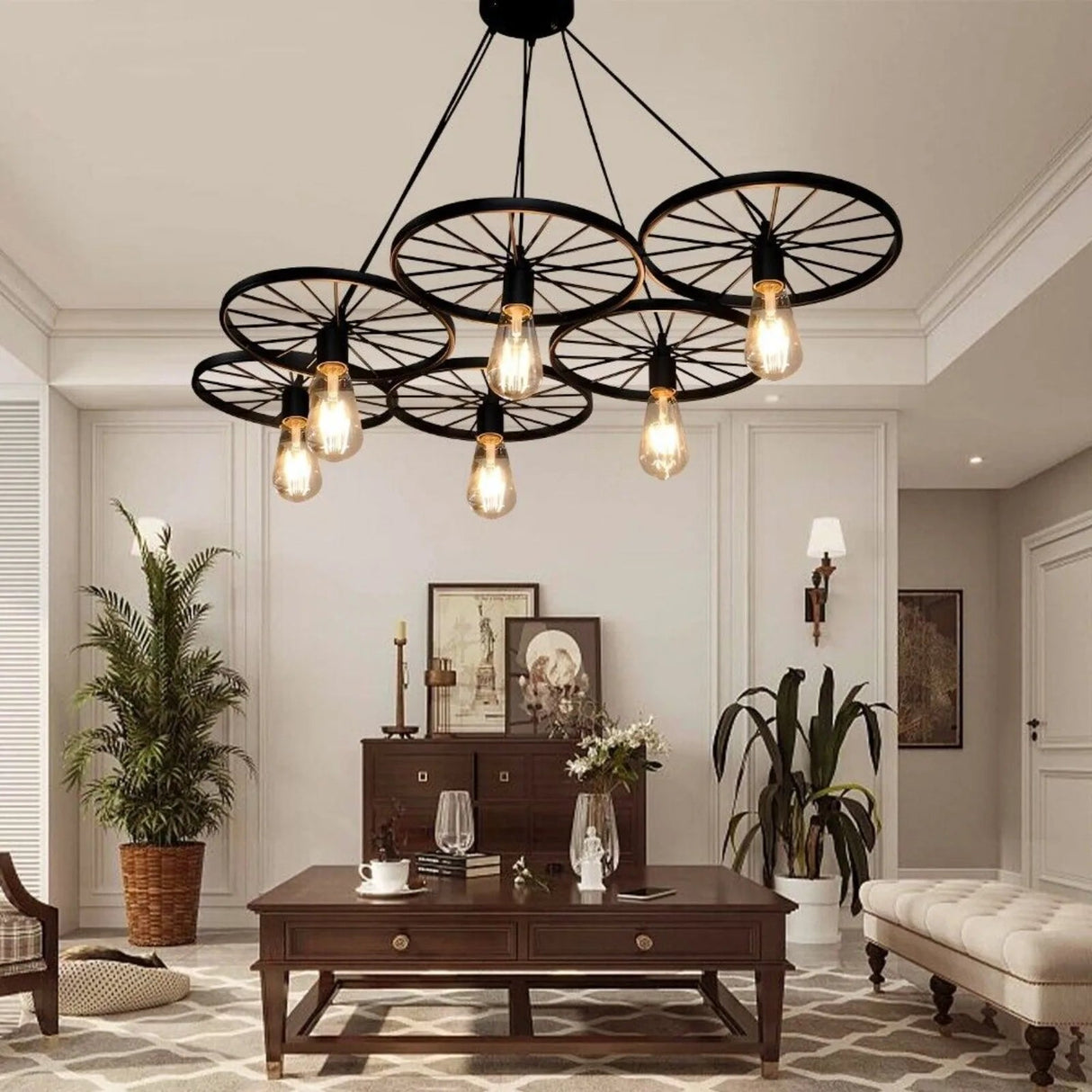 Retro 6 - Lights Metal Chandelier Wogan Wheel Pendant Lamp - Hans Lumiere