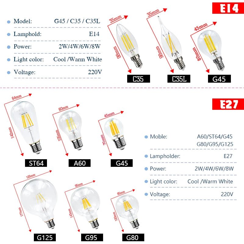 Retro Edison LED Filament Bulbs E14 E27 2W to 8W, C35 G45 A60 ST64 G80 G95 G125 - Hans Lumiere