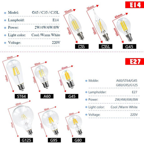 Retro Edison LED Filament Bulbs E14 E27 2W to 8W, C35 G45 A60 ST64 G80 G95 G125 - Hans Lumiere