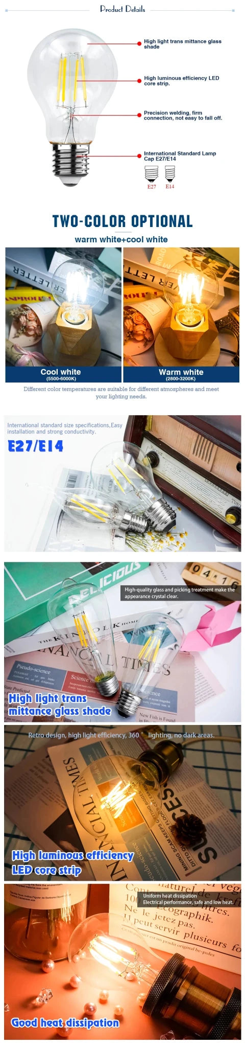 Retro Edison LED Filament Bulbs E14 E27 2W to 8W, C35 G45 A60 ST64 G80 G95 G125 - Hans Lumiere