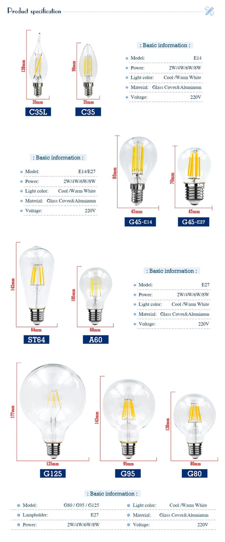 Retro Edison LED Filament Bulbs E14 E27 2W to 8W, C35 G45 A60 ST64 G80 G95 G125 - Hans Lumiere