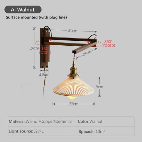 Retro Japanese Walnut Ceramic Foldable Wall Light - Hans Lumiere