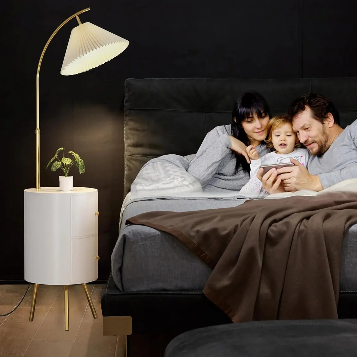 Round Smart LED Nightstand With Lamp & Wireless Charging Station (USB & AC Port) - Hans Lumiere