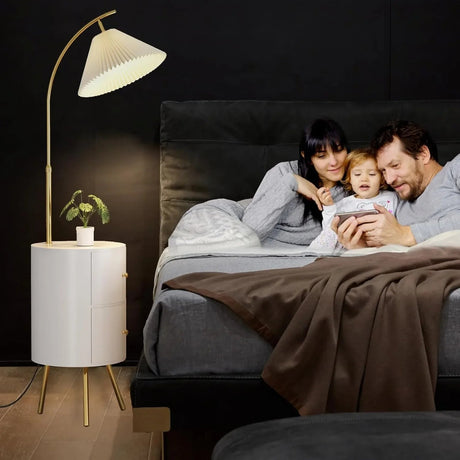 Round Smart LED Nightstand With Lamp & Wireless Charging Station (USB & AC Port) - Hans Lumiere