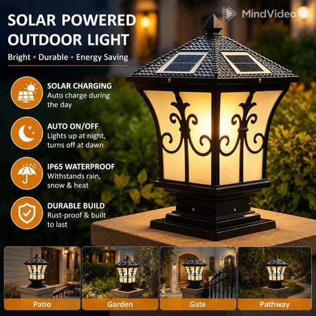 Round Solar Pillar Post Light – Waterproof LED Gate Lamp, 3-Color Dimmable - Hans Lumiere