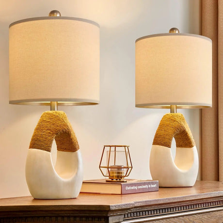 Set of 2 Boho Small Farmhouse Rattan Table Lamp - Hans Lumiere