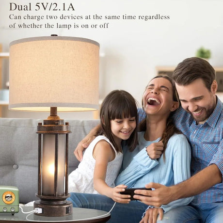 Set of 2 Rustic Vintage Farmhouse Lamps With 2 USB Charging Ports - Hans Lumiere
