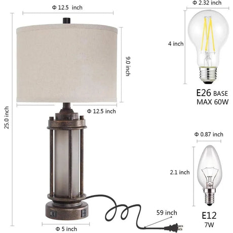 Set of 2 Rustic Vintage Farmhouse Lamps With 2 USB Charging Ports - Hans Lumiere