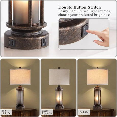 Set of 2 Rustic Vintage Farmhouse Lamps With 2 USB Charging Ports - Hans Lumiere
